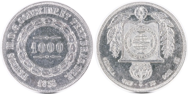 ブラジル 1858年 1000レイ 銀貨 Xf 株式会社アンティーリンク