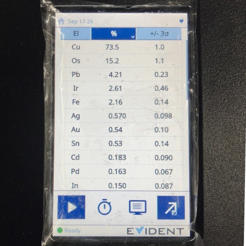 蛍光X線分析装置の画面。富壽神宝の成分分析結果が元素記号と含有率のリストで表示されている。