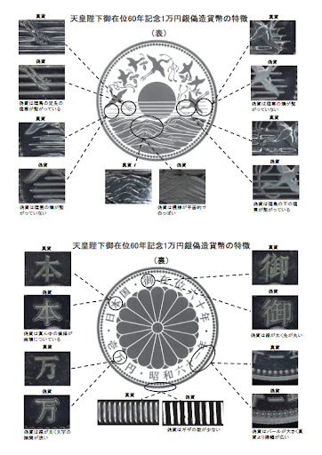 天皇陛下御在位60年記念1万円銀貨偽造貨幣の特徴