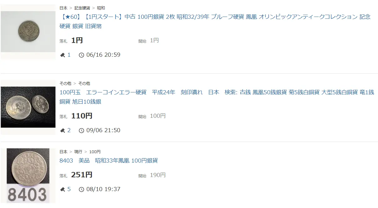 鳳凰100円銀貨ヤフオク安値