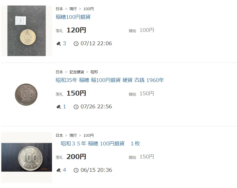 稲穂100円銀貨ヤフオク安値