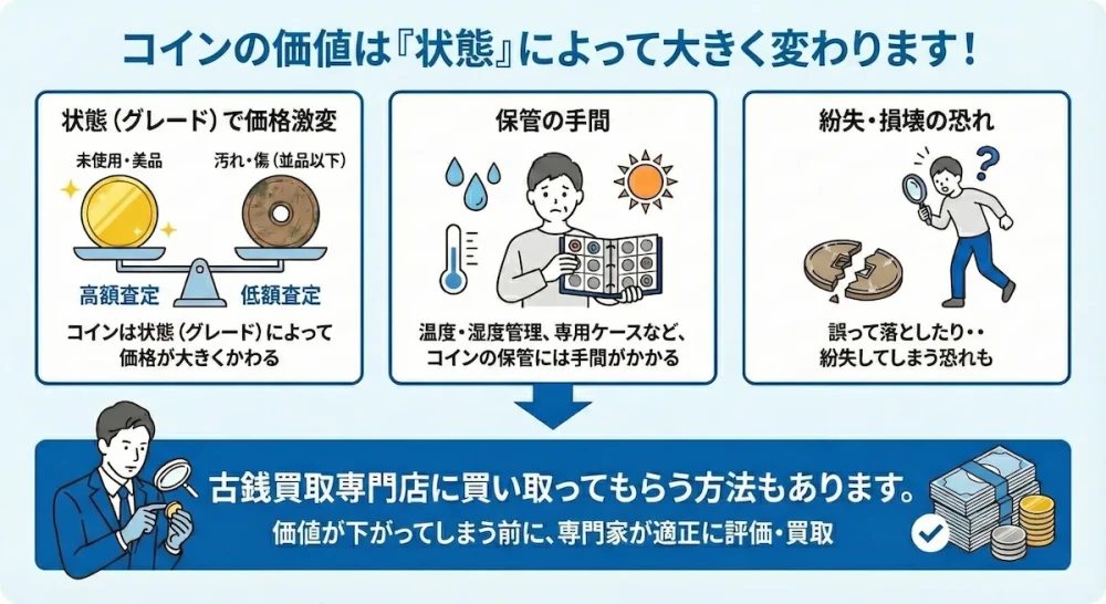 【Urgency】コインの価値は状態によって大きく変わります。劣化や損壊させて価値を下げてしまう前に古銭買取専門店に買い取ってもらいましょう。